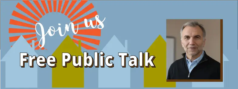 Poster for a free public talk featuring a photo of a middle-aged man in a black sweater.