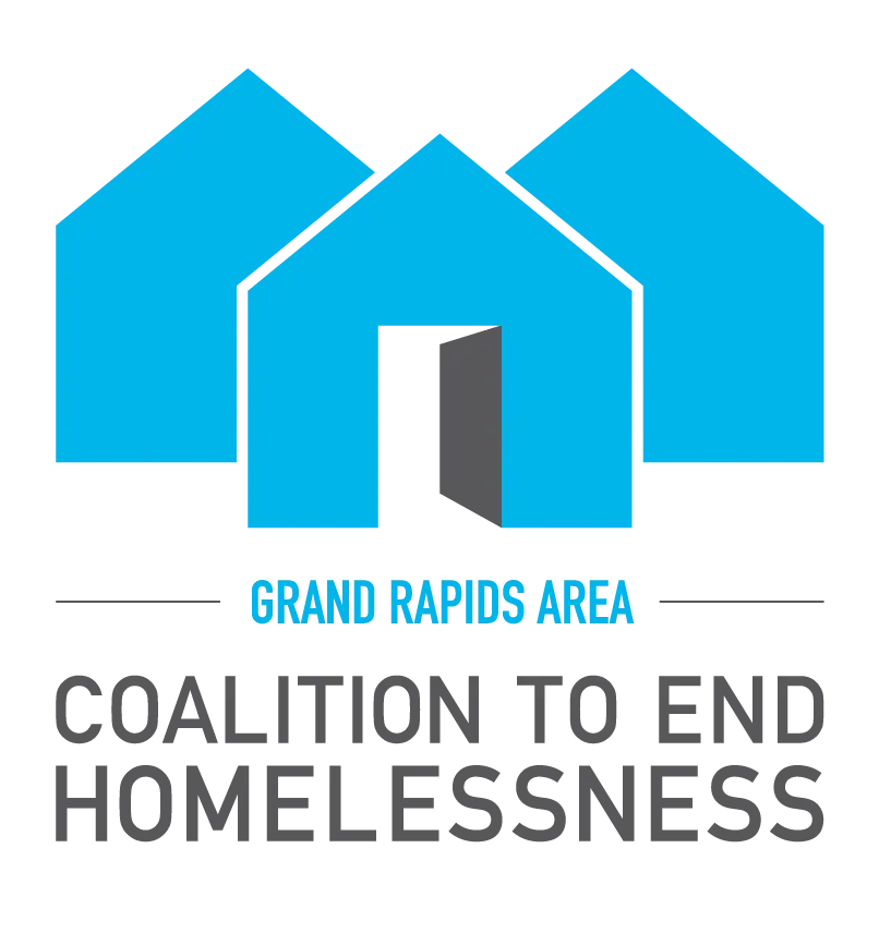 Logo for the Grand Rapids Area Coalition to End Homelessness, featuring an icon of three house silhouettes with an open door.
