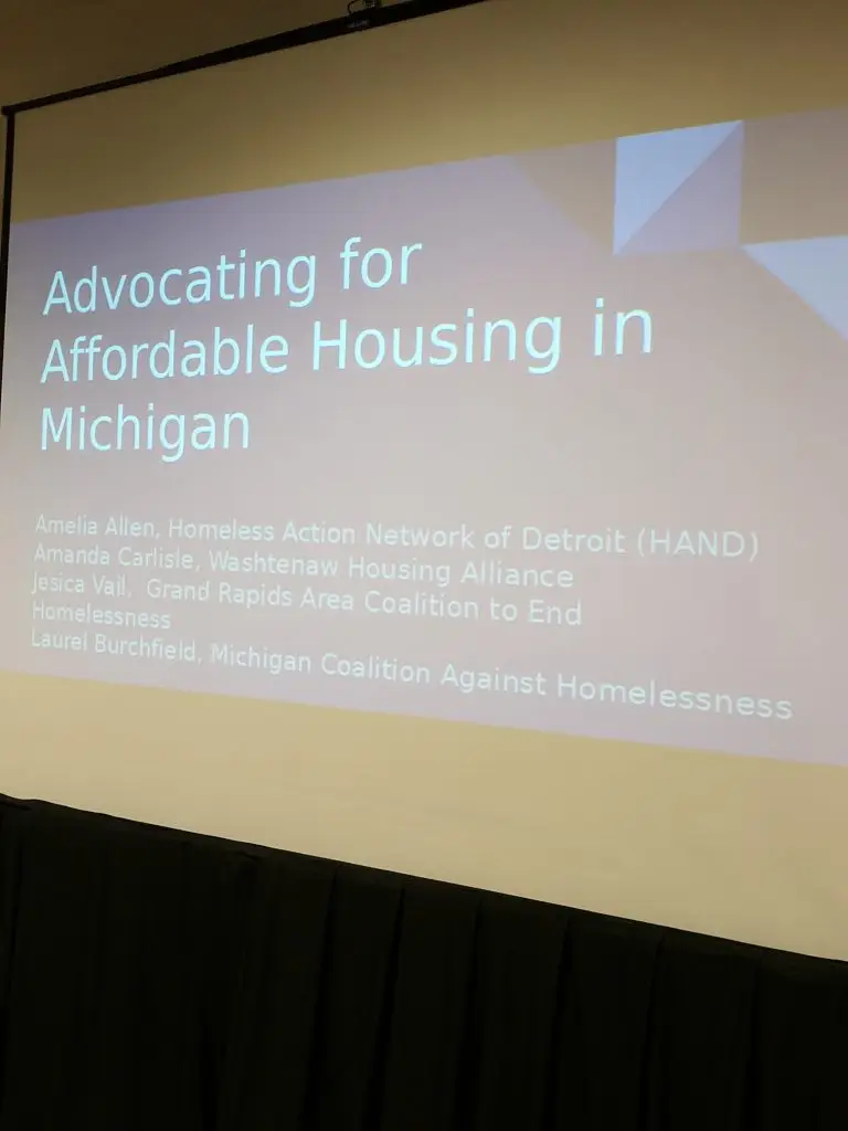 Presentation slide titled Advocating for Affordable Housing in Michigan listing the names and organizations of four speakers.